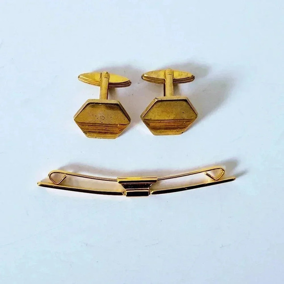 Vintage Tie Bar Cuff Links Set Gold Tone - Picture 1 of 3